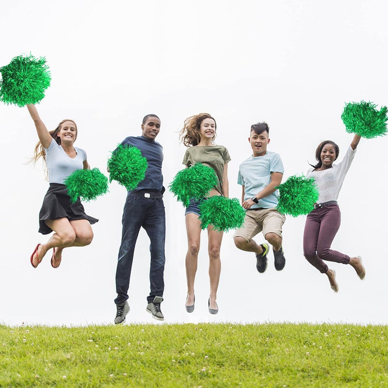 PPXMEEUDC 16PCS Cheerleading Pom Poms Metallic Foil Plastic Pom Poms with Baton Handle for Game Sports Squads Dancing Party Football Basketball Club Spirit Sports Stage Performance Celebration (Green) - Image 5
